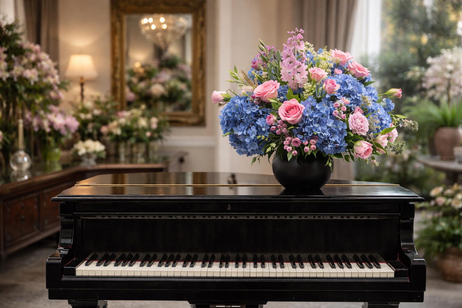 Klavier mit floralem Arrangement